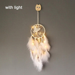 Girl Heart Dream Catcher National Feather Ornaments Lace Ribbons Feathers Wrapped Lights Dreamcatcher