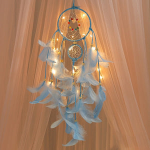 Girl Heart Dream Catcher National Feather Ornaments Lace Ribbons Feathers Wrapped Lights Dreamcatcher