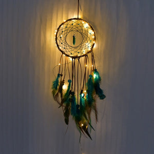 Girl Heart Dream Catcher National Feather Ornaments Lace Ribbons Feathers Wrapped Lights Dreamcatcher